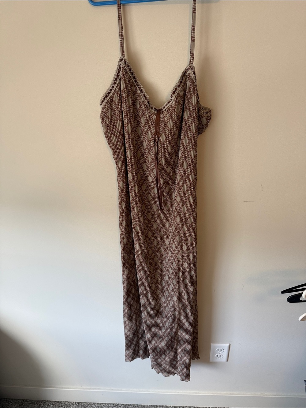 Brown Patterned Maxi Slip Dress with Crochet Trim